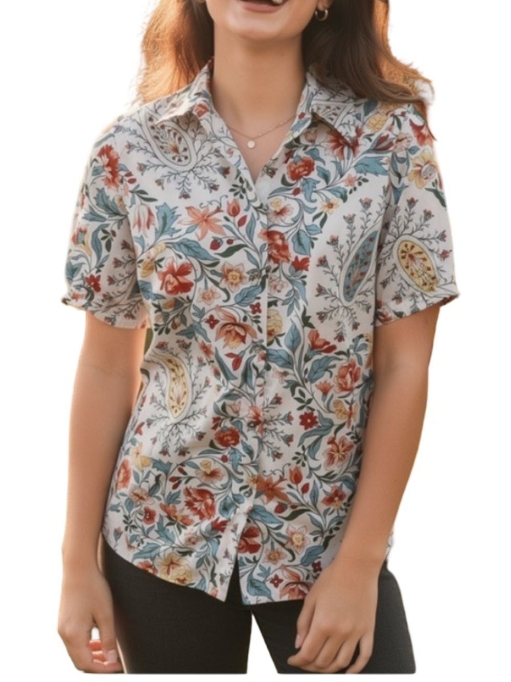 NWT Floral Paisley Button Front Blouse Women’s Short Sleeve Cottagecore Top